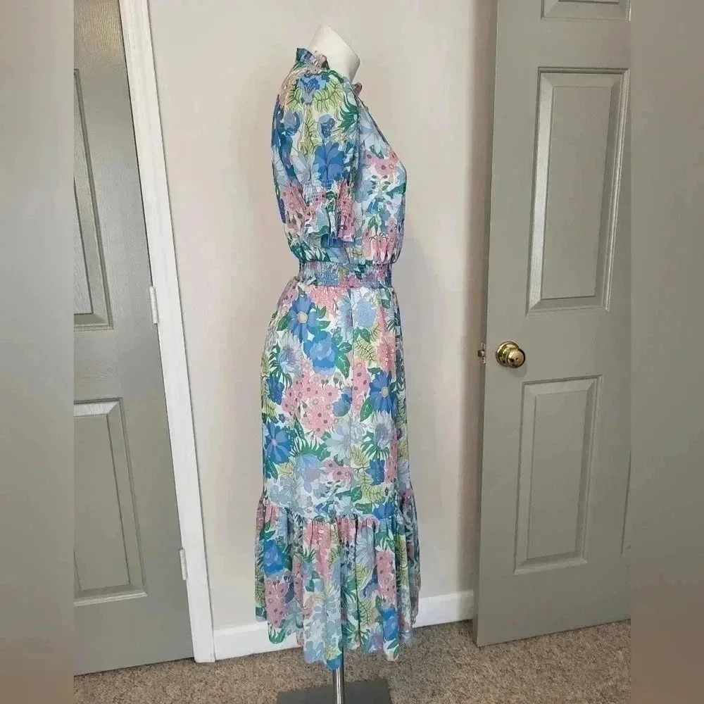 J.CREW Smocked Ruffle Fairy Floral Tiered Fully Lined Midi Dress(XS)